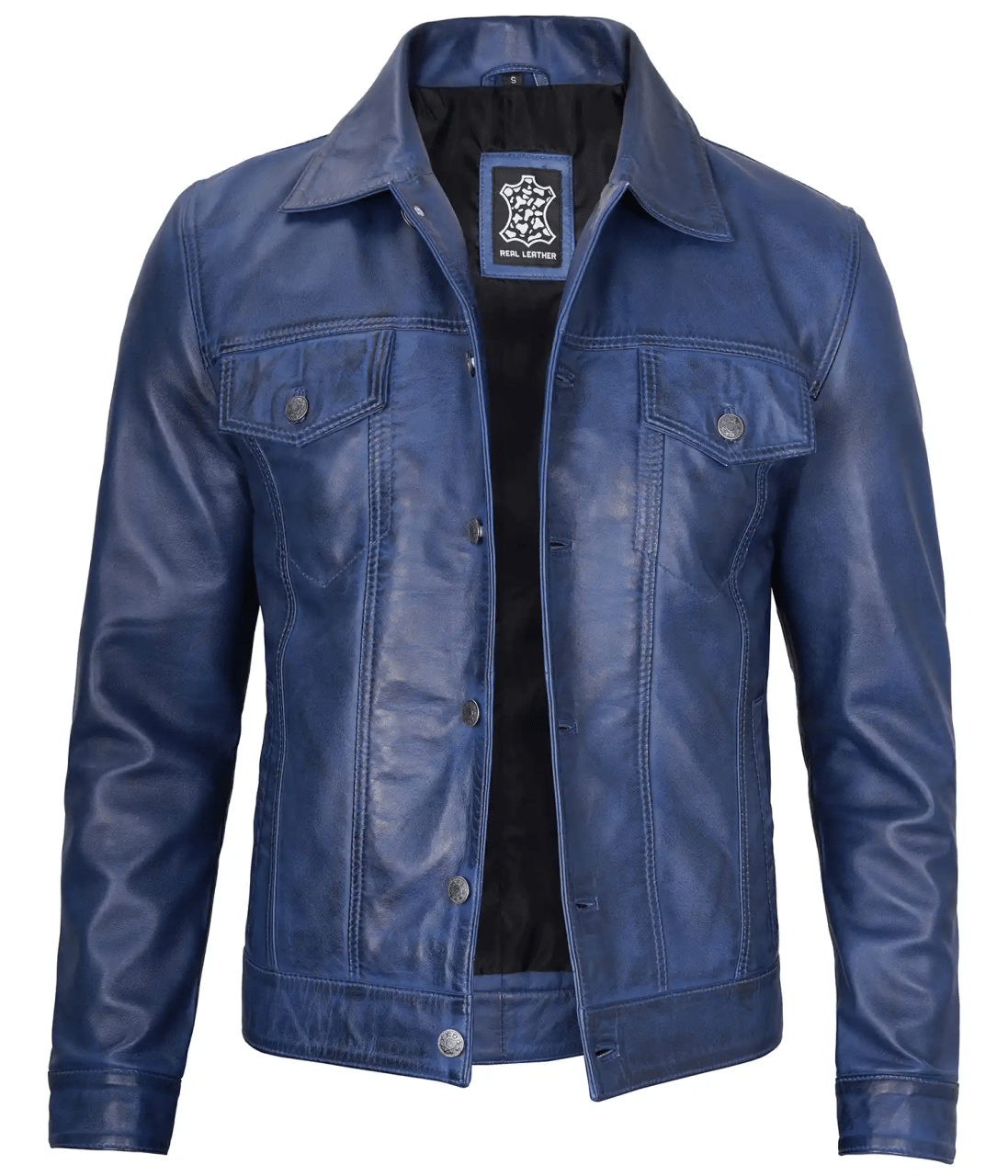 Mens Real Lambskin Leather Blue Trucker Jacket