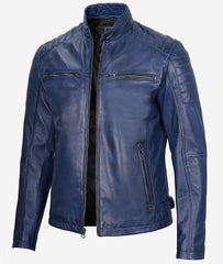 Mens Blue Waxed Cafe Racer Leather Jacket