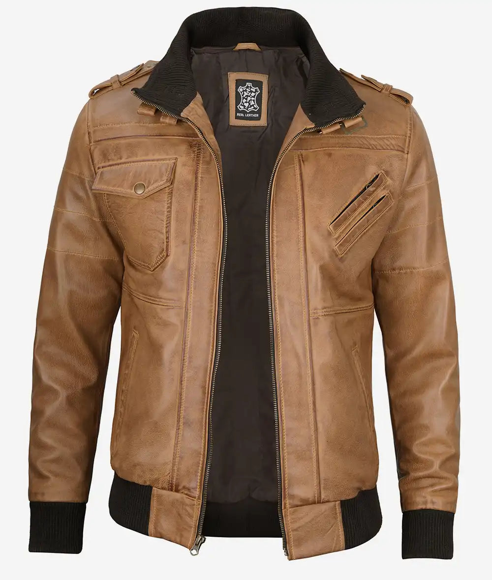 Men's Camel Brown Bomber Leather Jacket