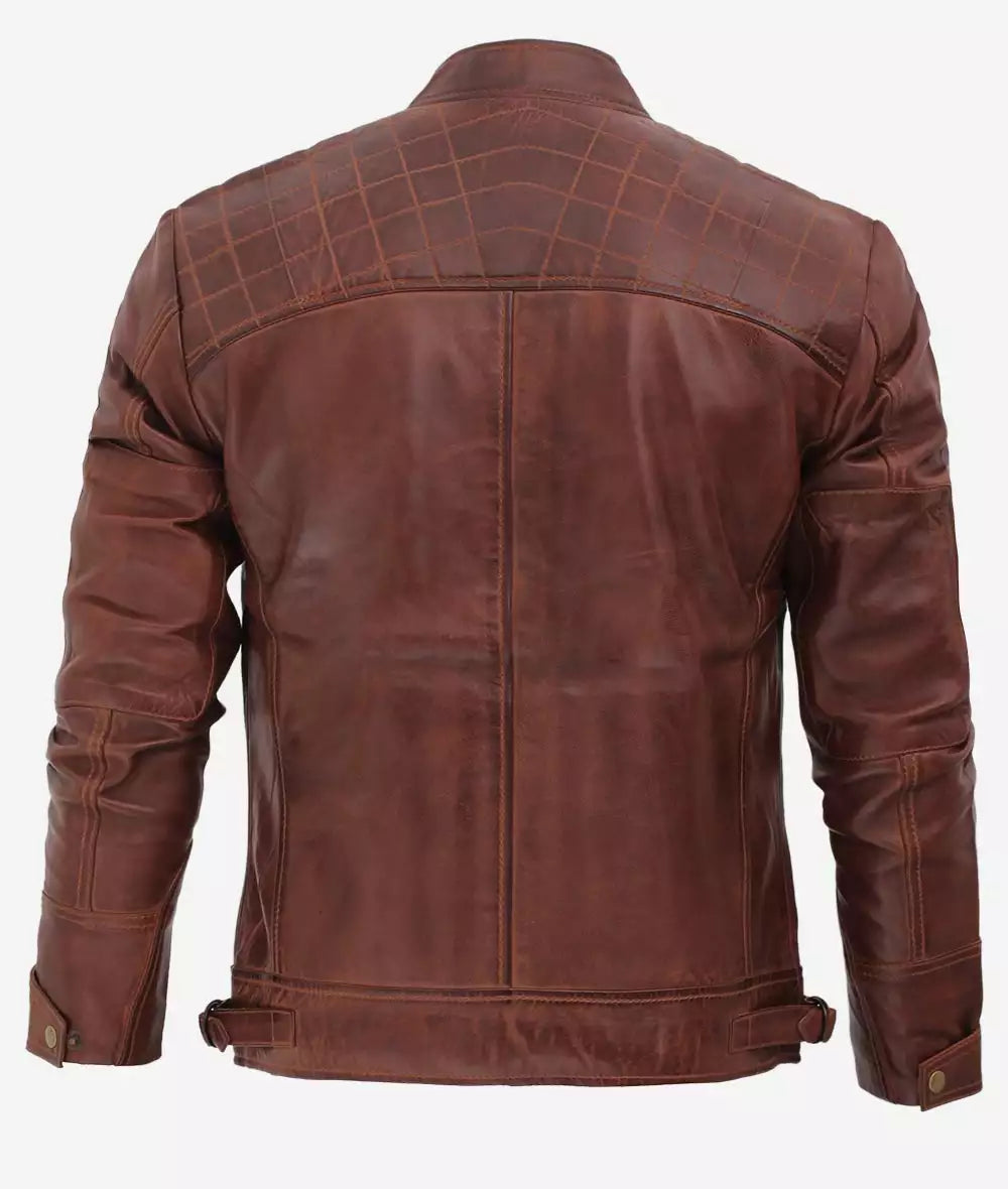 Men's Café Racer Cognac Leather Jacket Quilted Shoulder