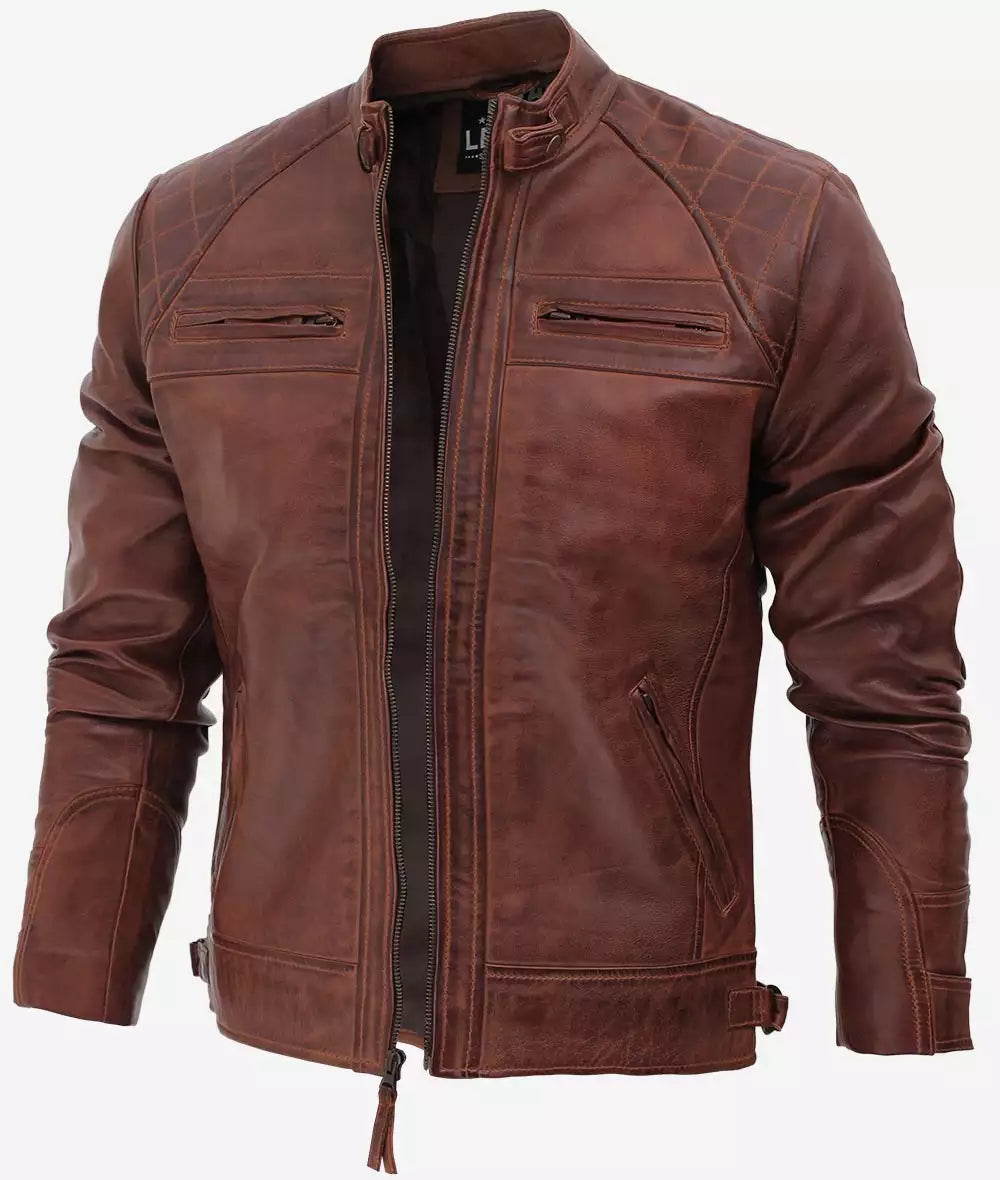 Men's Café Racer Cognac Leather Jacket Quilted Shoulder