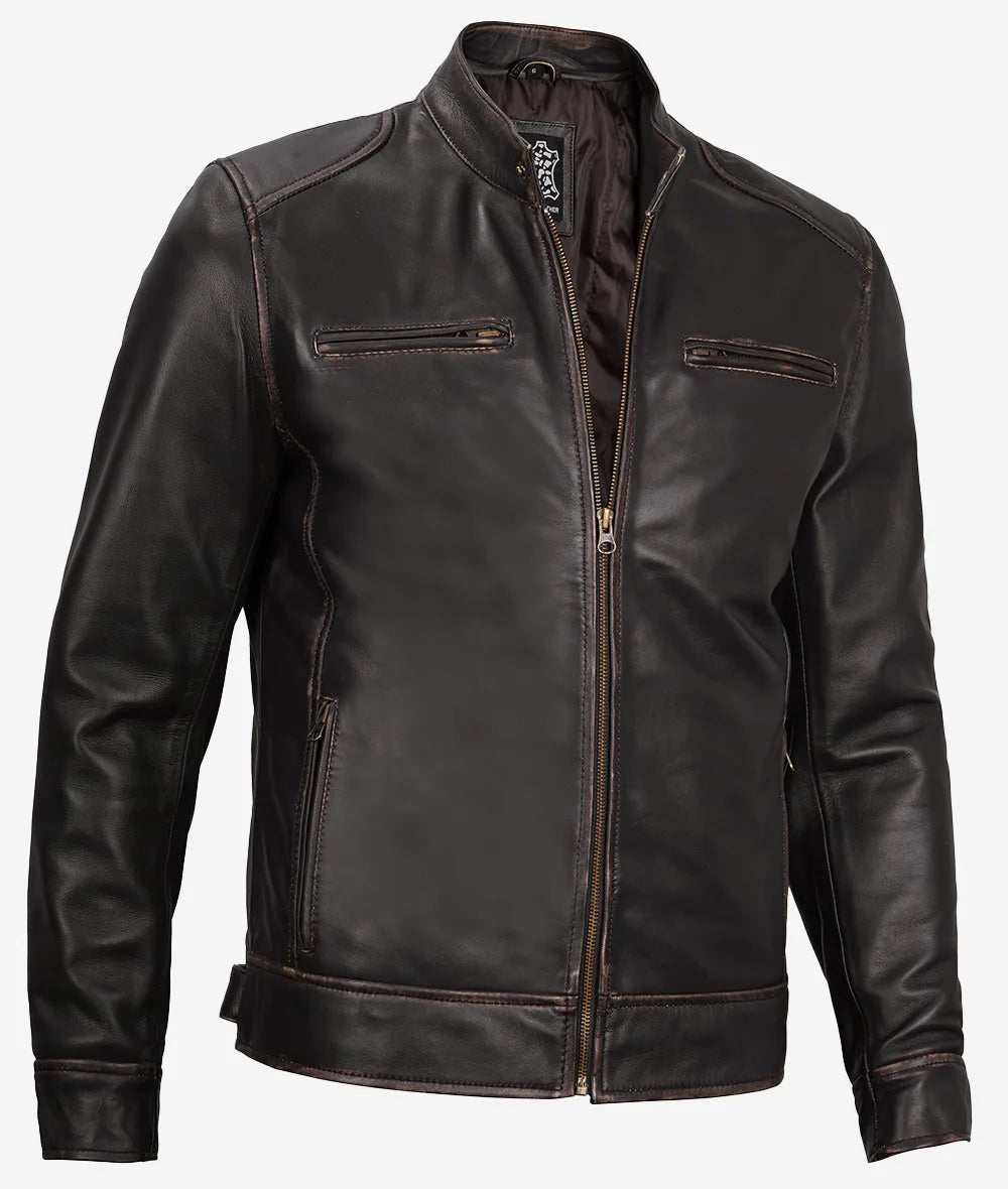 Men's Real  Vintage Cafe Racer Leather Brown Jacket