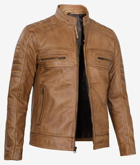 Men's Cafe Racer Camel Brown Leather Jacket