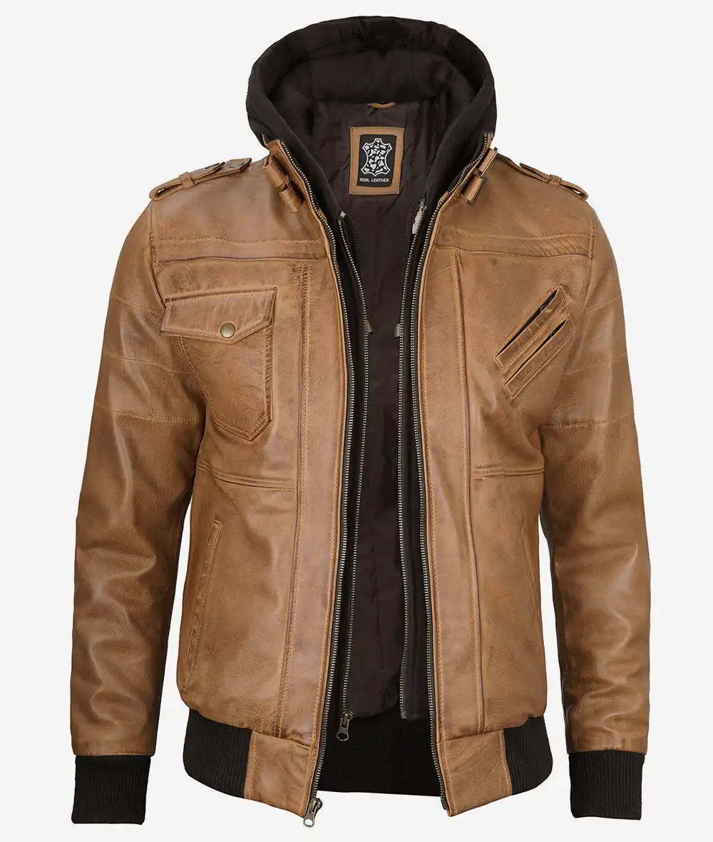 Men's Camel Brown Bomber Leather Jacket