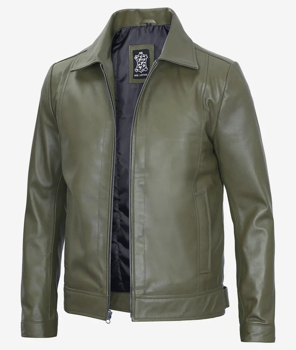 Mens Classic Shirt Collar Military Green Leather Jacket