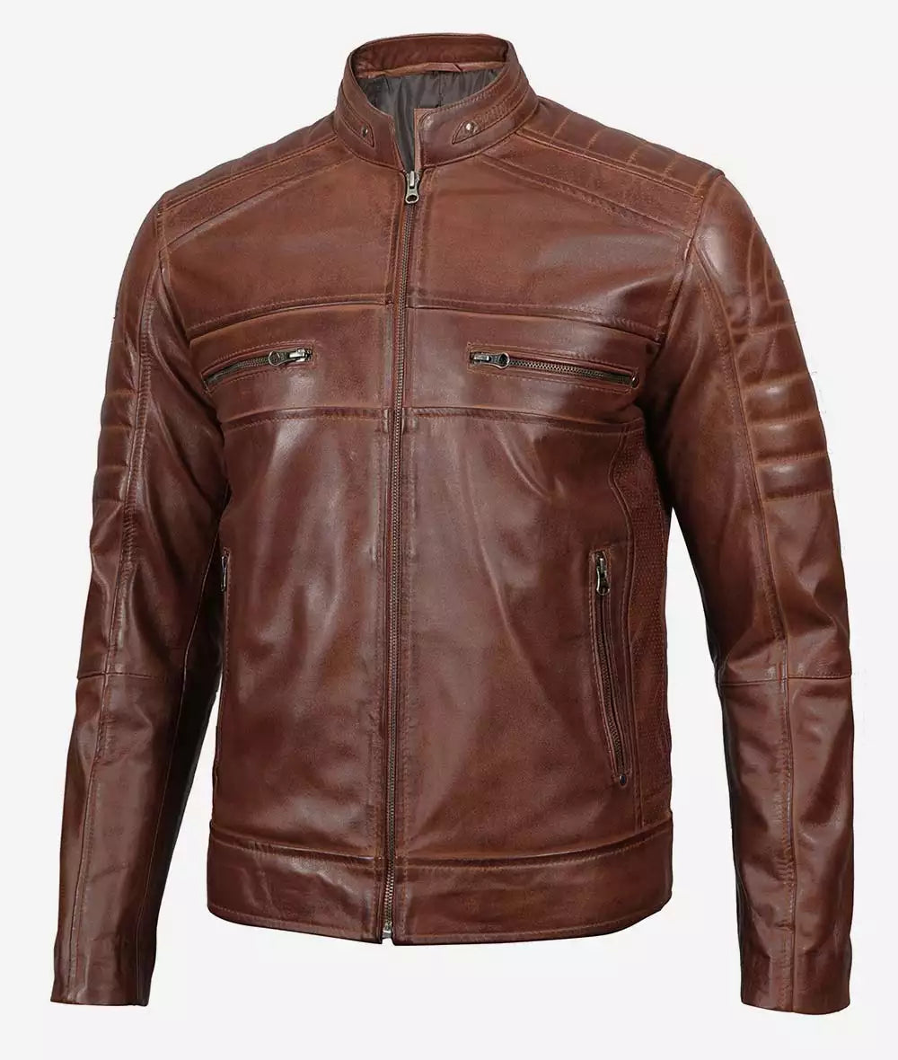 Men's Cognac Cafe Racer Leather Jacket