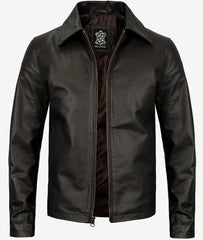 Men's Dark Brown Cowhide Leather Jacket with Shirt Collar