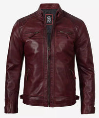 Mens Real Lambskin Leather Maroon Biker Jacket - Quilted Shoulder