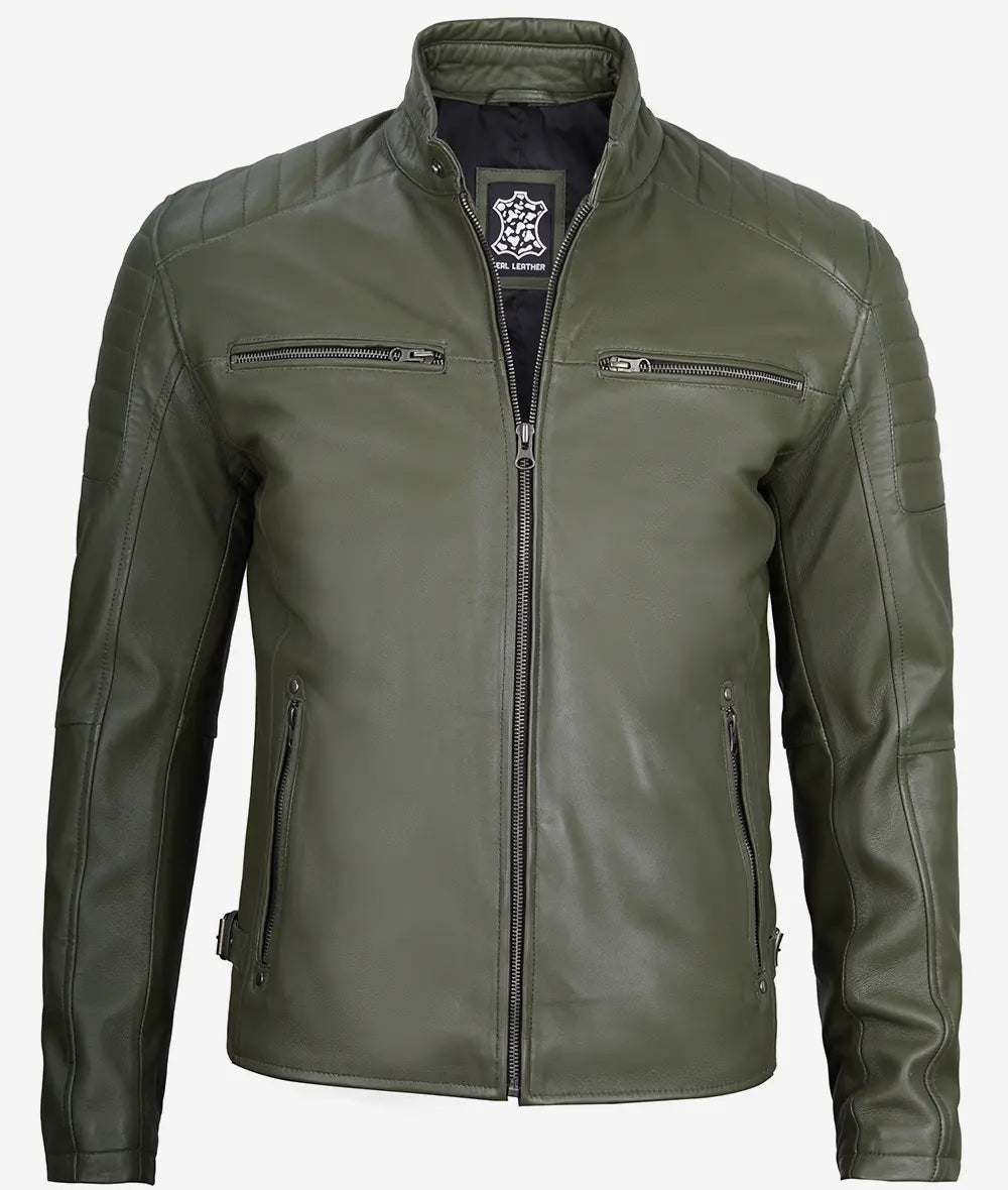 Mens Military Green Cafe Racer Leather Jacket