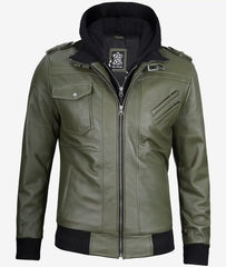 Men's Military Green Bomber Leather Jacket With Hood