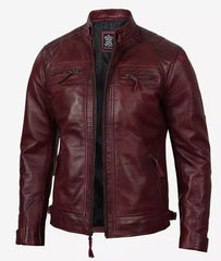 Mens Real Lambskin Leather Maroon Biker Jacket - Quilted Shoulder