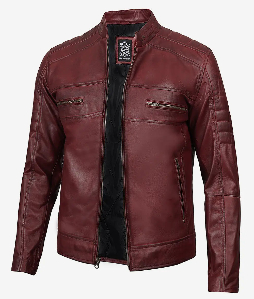 Mens Maroon Cafe Racer Leather Jacket