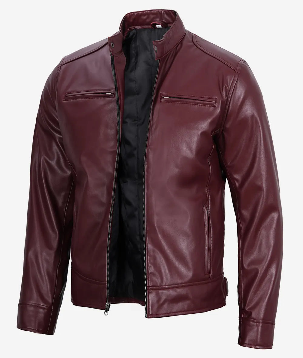 Mens Maroon Cafe Racer Vegan Leather Jacket