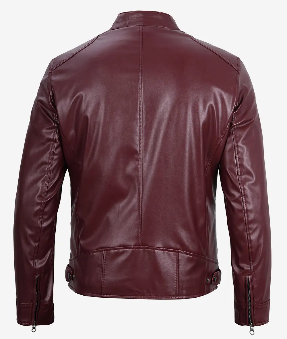 Mens Maroon Cafe Racer Vegan Leather Jacket