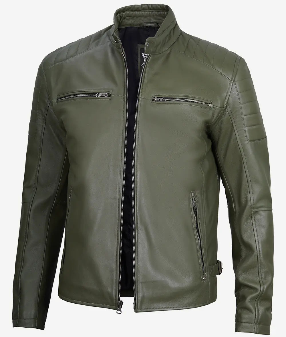 Mens Military Green Cafe Racer Leather Jacket