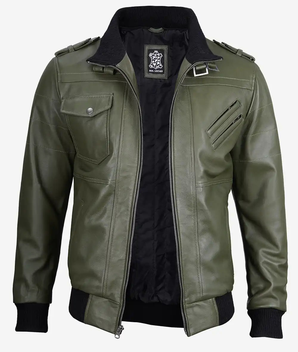 Men's Military Green Bomber Leather Jacket With Hood