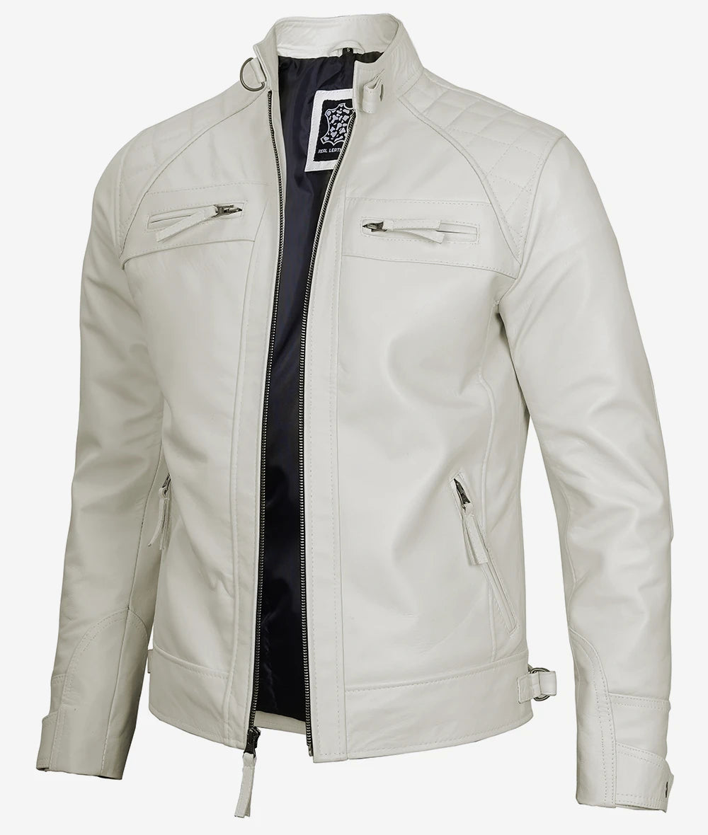 Men's Quilted Shoulder Off White Cafe Racer Leather Jacket