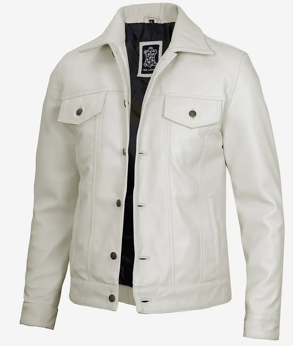 Mens Four Pockets Off White Leather Trucker Jacket