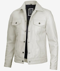 Mens Four Pockets Off White Leather Trucker Jacket