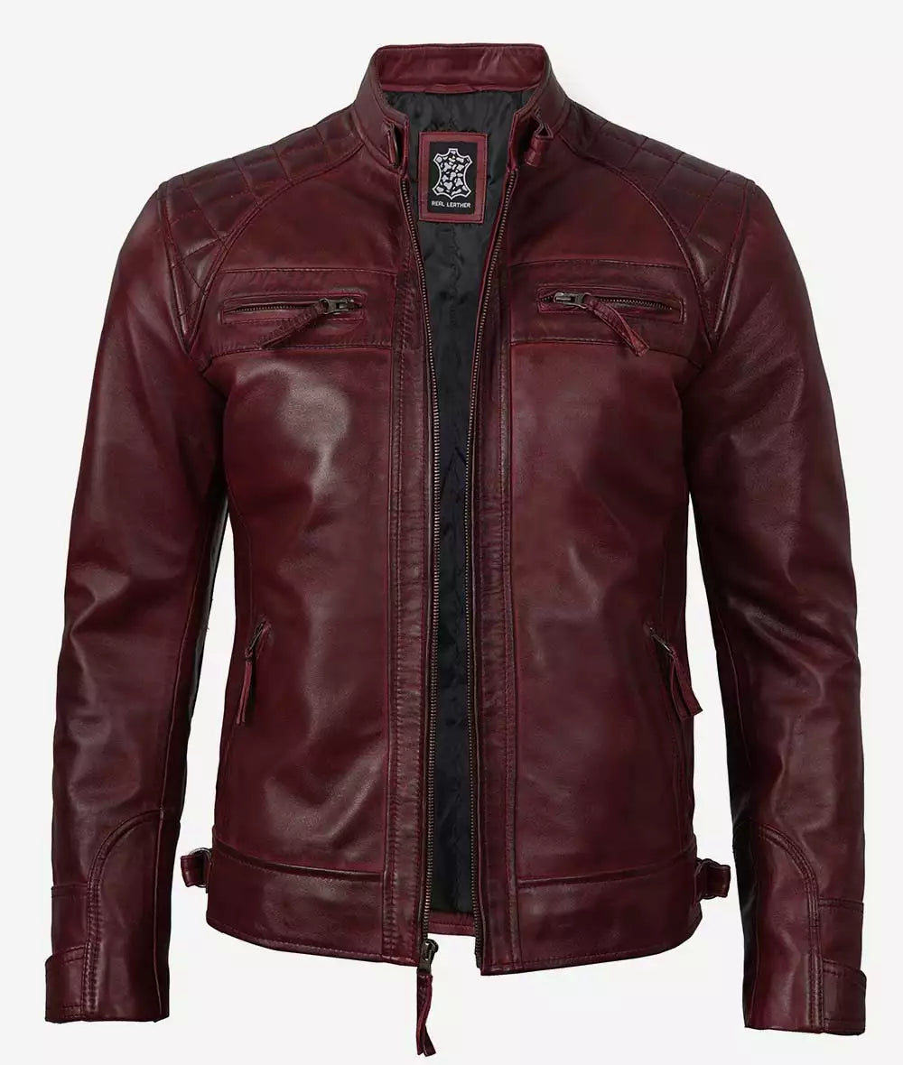 Mens Real Lambskin Leather Maroon Biker Jacket - Quilted Shoulder