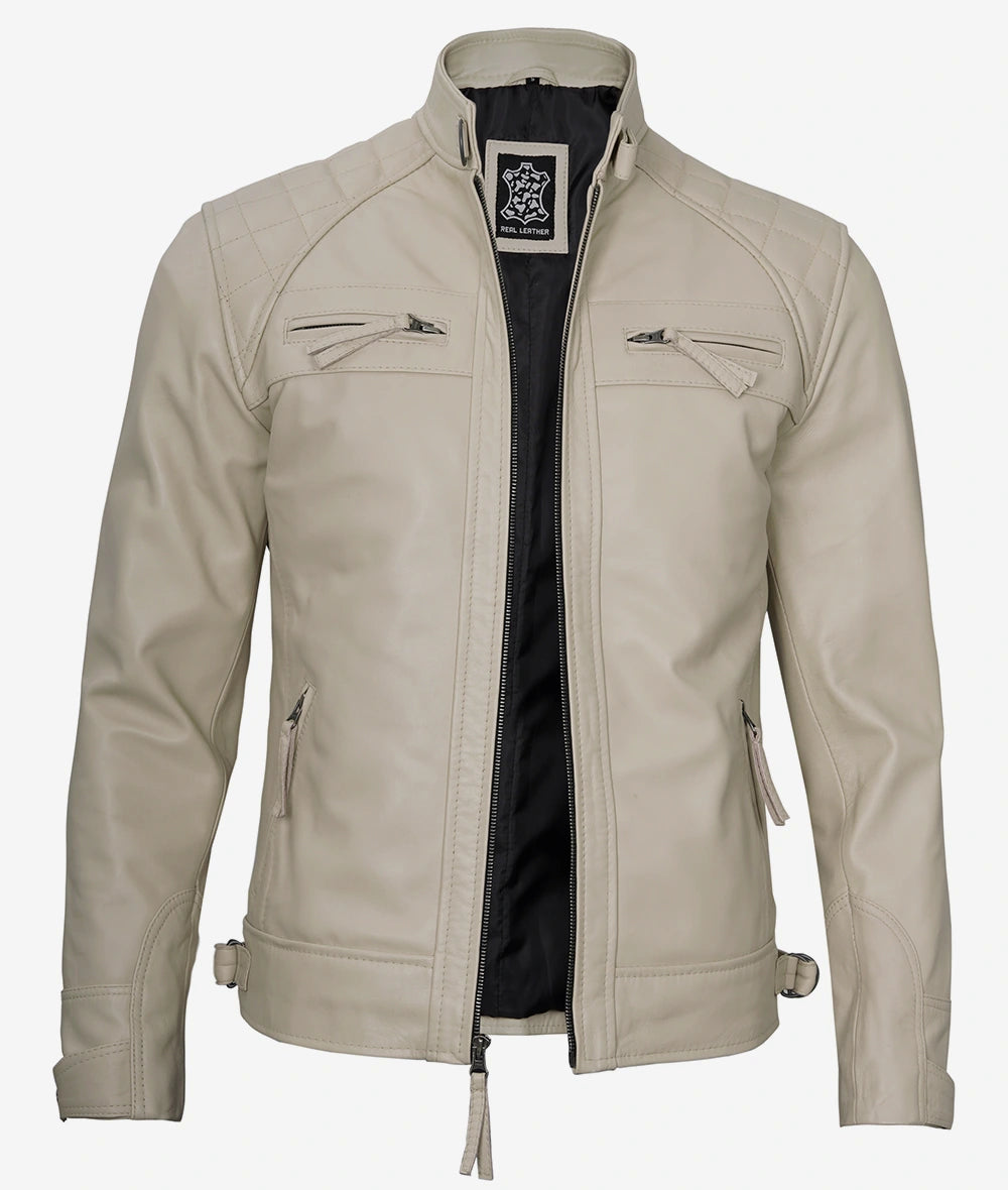 Men's Café Racer Beige Leather Jacket - Quilted Shoulder