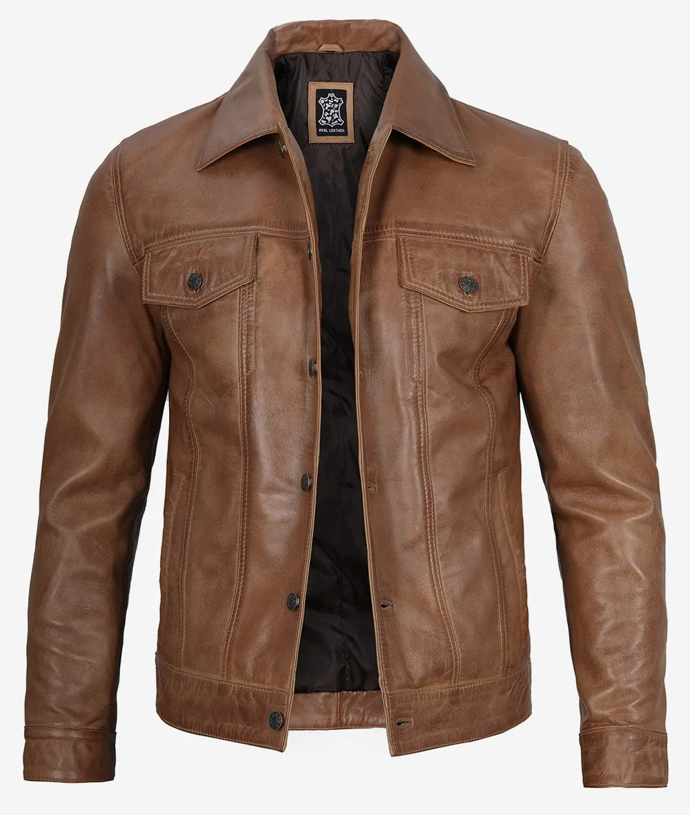 Men's Real Leather Camel Brown Trucker Jacket