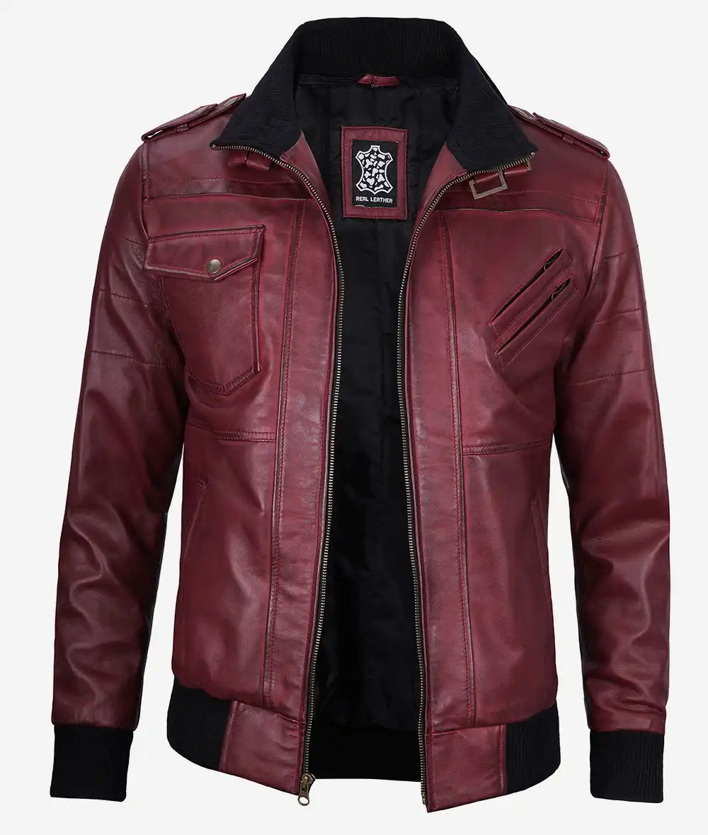 Men's Maroon Bomber Leather Jacket With Hood