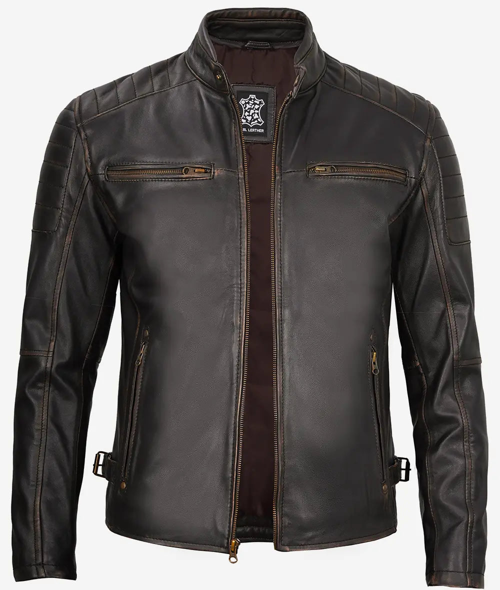 Mens Rub Off Brown Cafe Racer Leather Jacket