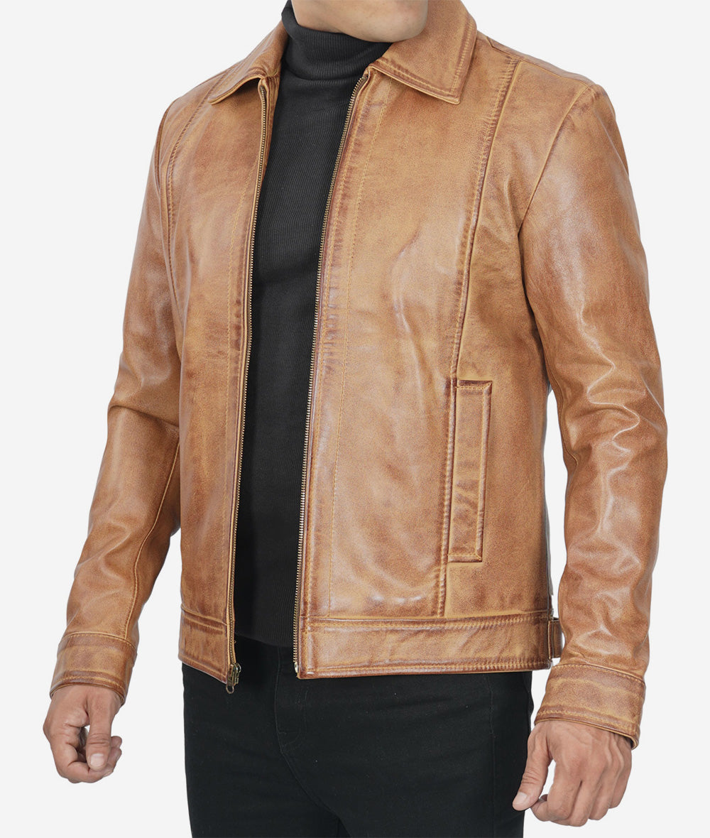 Mens Shirt Collar Leather Jacket Brown