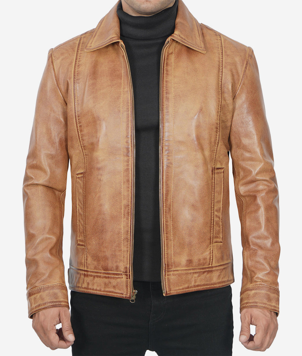 Mens Shirt Collar Leather Jacket Brown