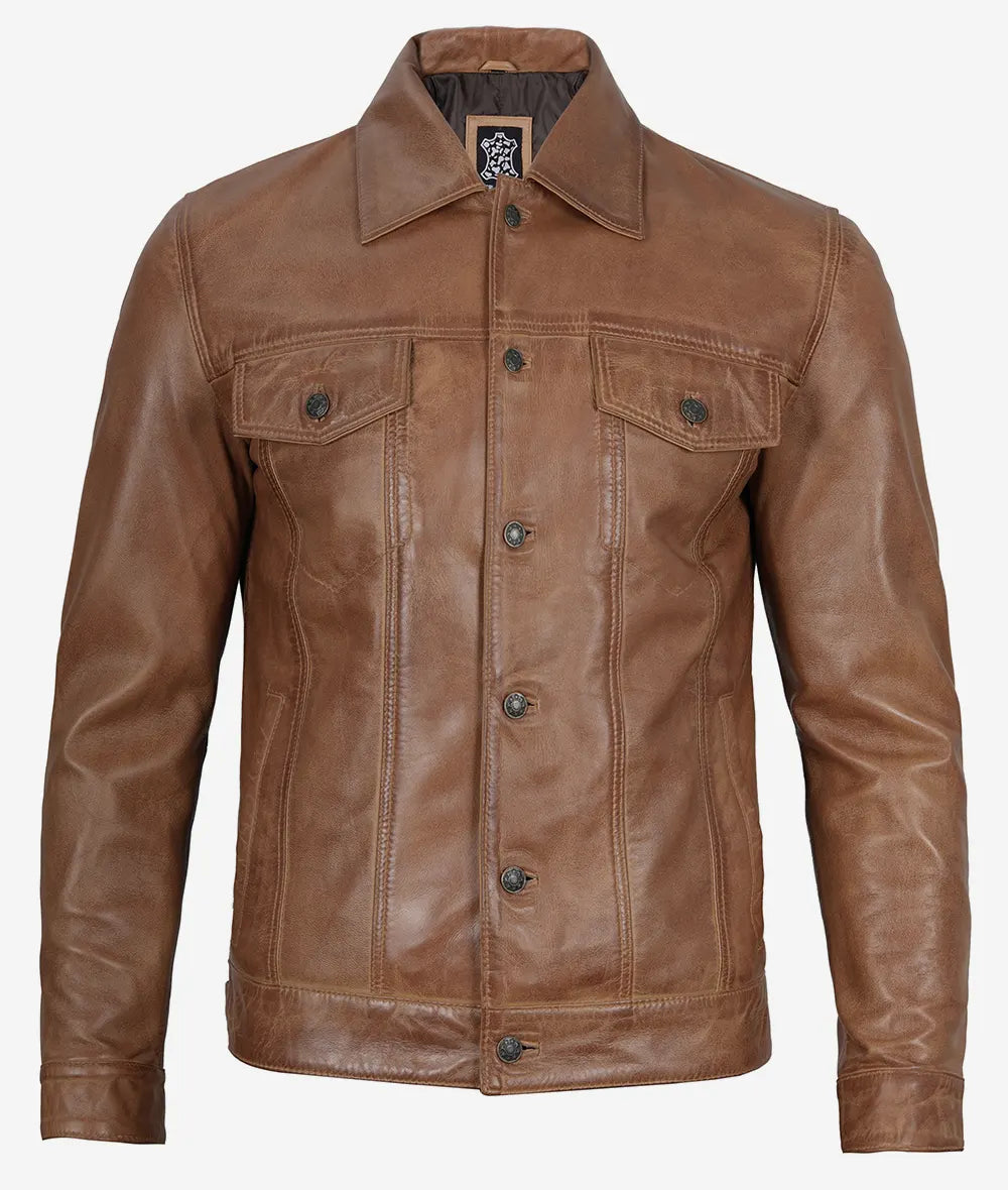 Men's Real Leather Camel Brown Trucker Jacket