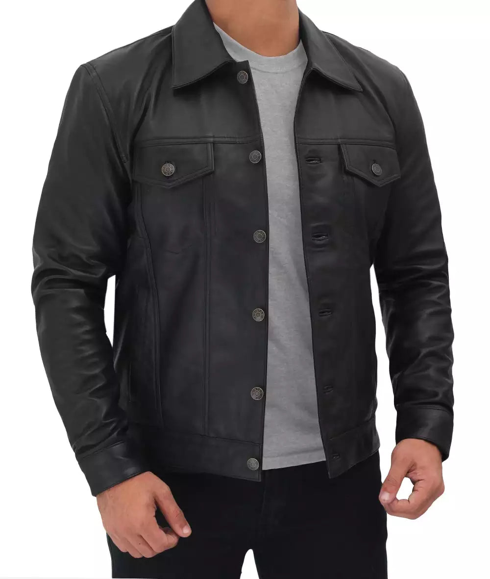 Mens Four Pockets Black Leather Trucker Jacket