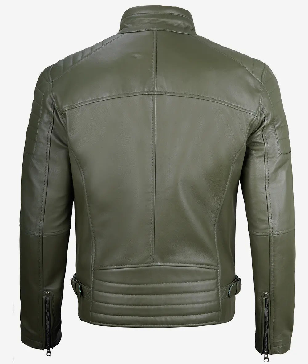 Mens Military Green Cafe Racer Leather Jacket