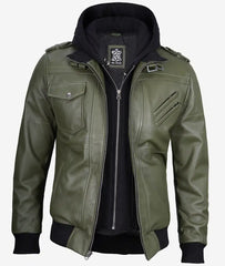 Men's Military Green Bomber Leather Jacket With Hood