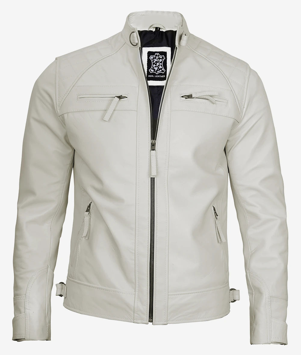 Men's Quilted Shoulder Off White Cafe Racer Leather Jacket