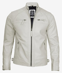 Men's Quilted Shoulder Cafe Racer Leather Off White  Jacket