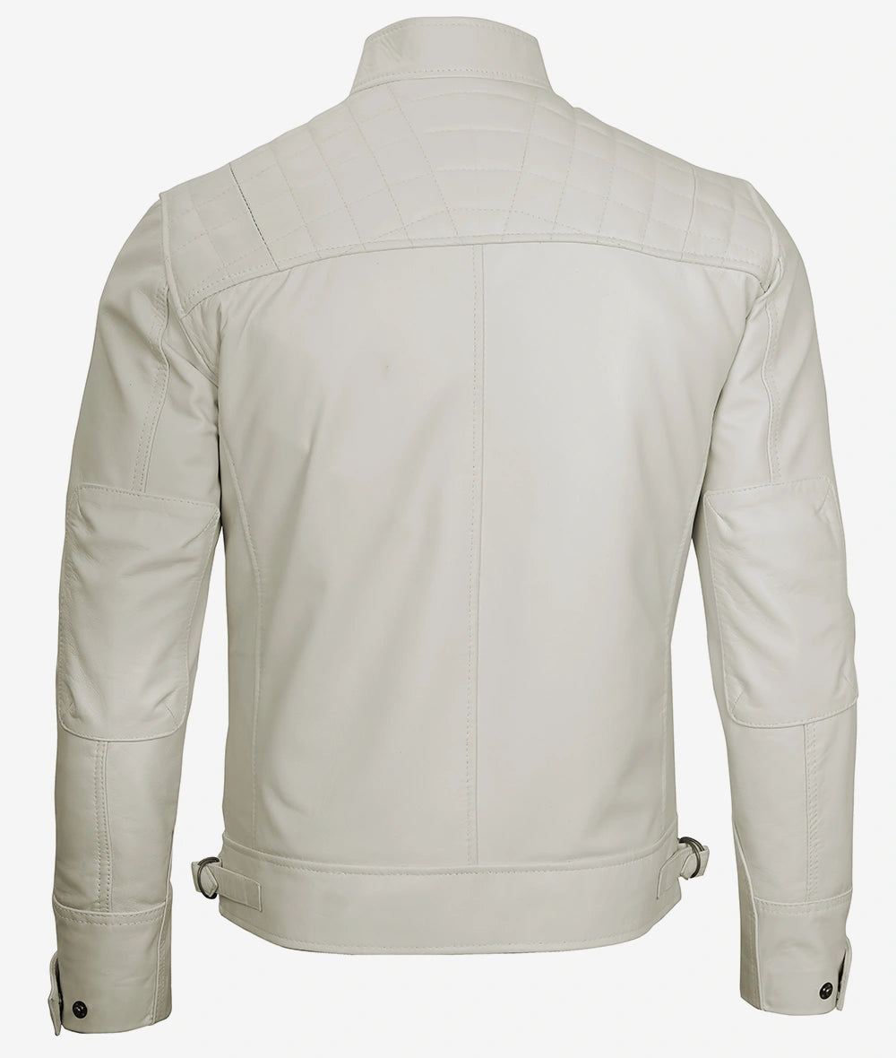 Men's Quilted Shoulder Off White Cafe Racer Leather Jacket