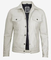 Mens Four Pockets Off White Leather Trucker Jacket