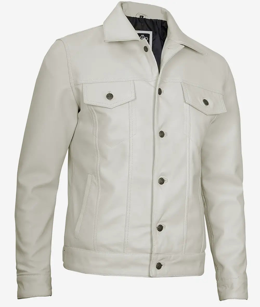 Mens Four Pockets Off White Leather Trucker Jacket