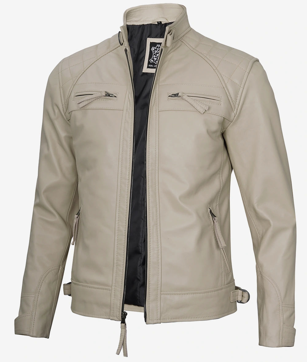 Men's Café Racer Beige Leather Jacket - Quilted Shoulder