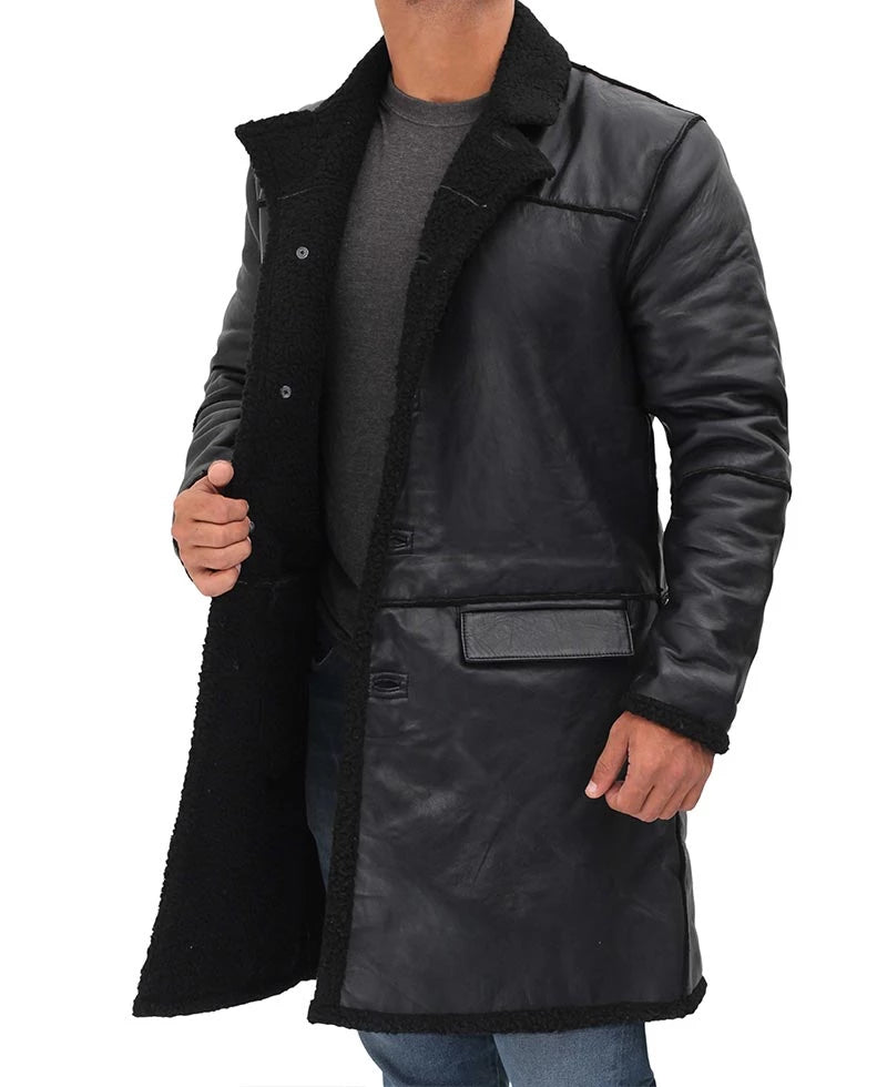 Real Leather Black Sherpa Coat Mens - Winter Coat