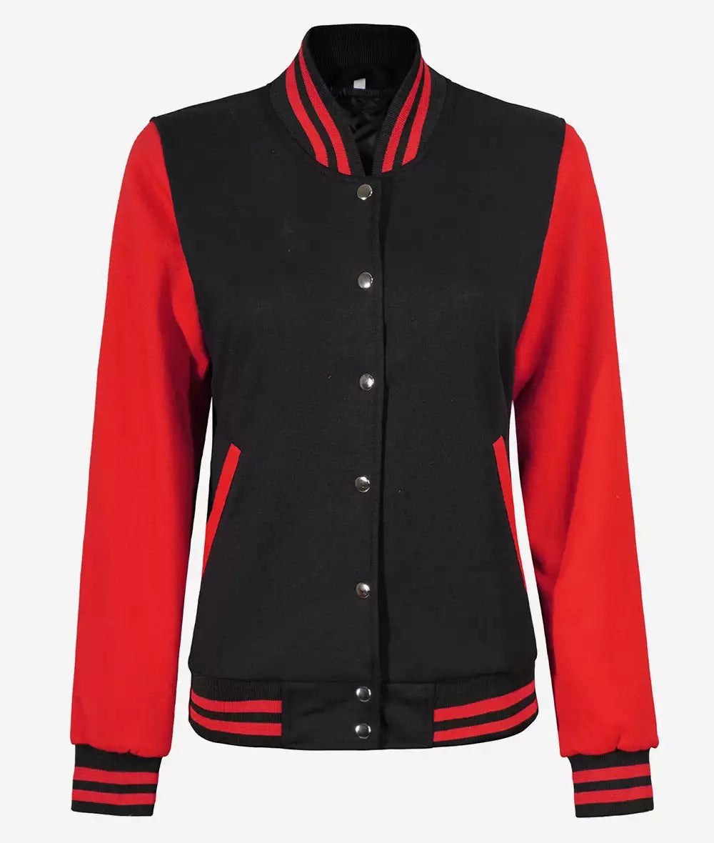 Women's Black and Red Varsity Jacket - Baseball Letterman Style