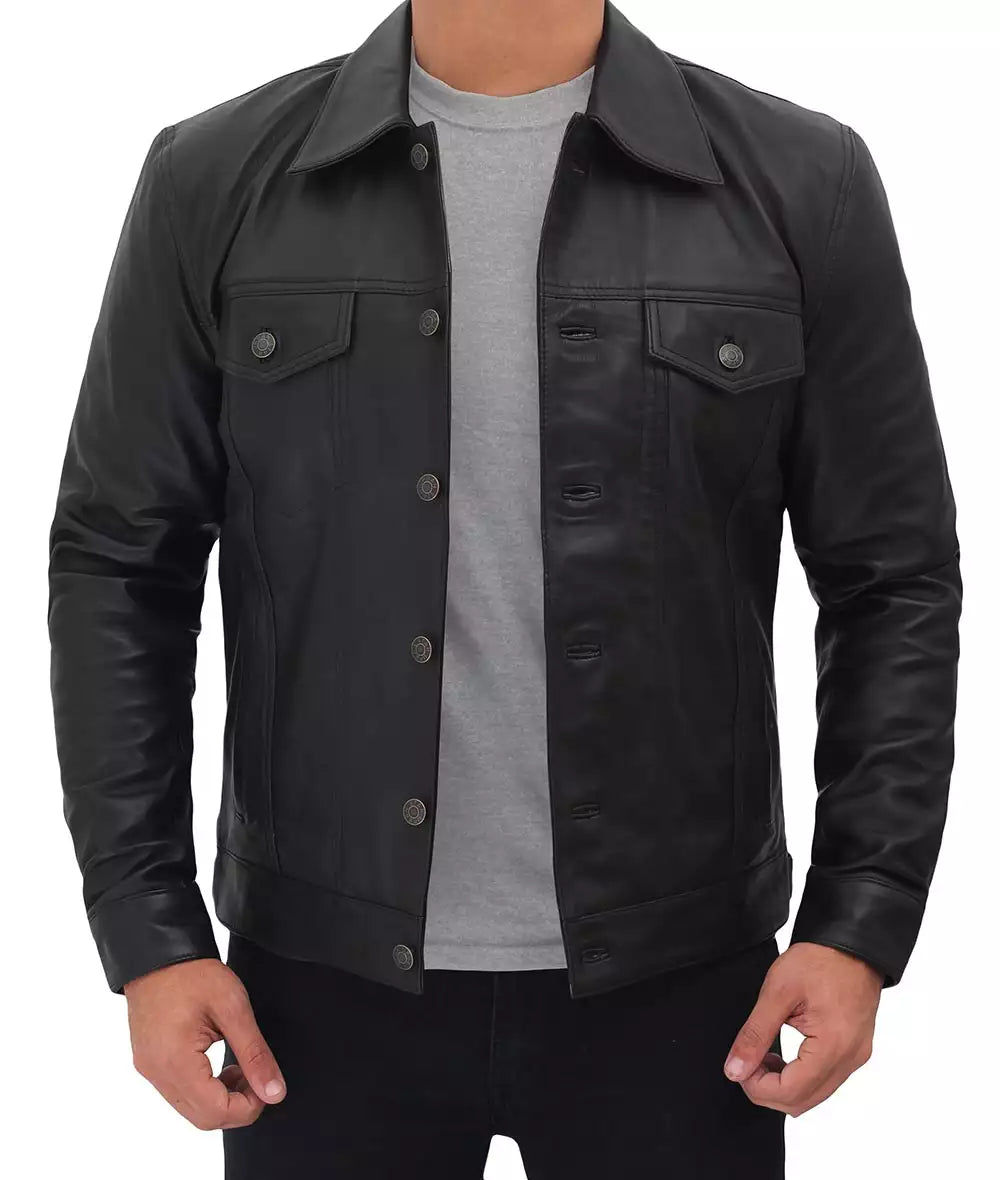 Mens Four Pockets Black Leather Trucker Jacket