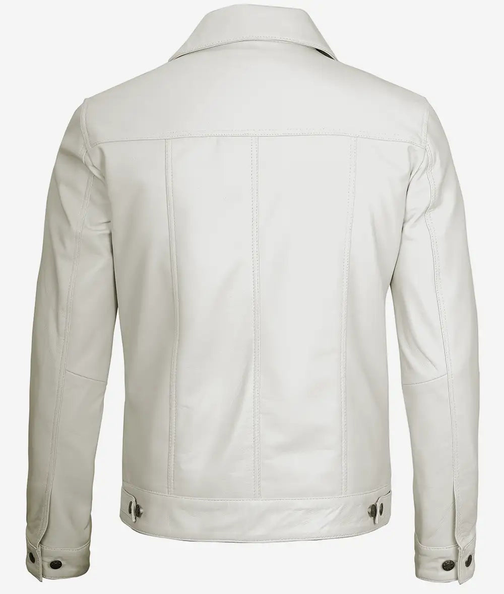 Mens Four Pockets Off White Leather Trucker Jacket