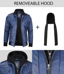 Men's Blue Wax Leather Jacket With Hood