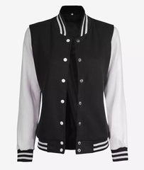 Women's White and Black Baseball-Style Varsity Jacket