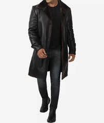 Men's 3/4 Length Black Shearling Coat - Winter Coat