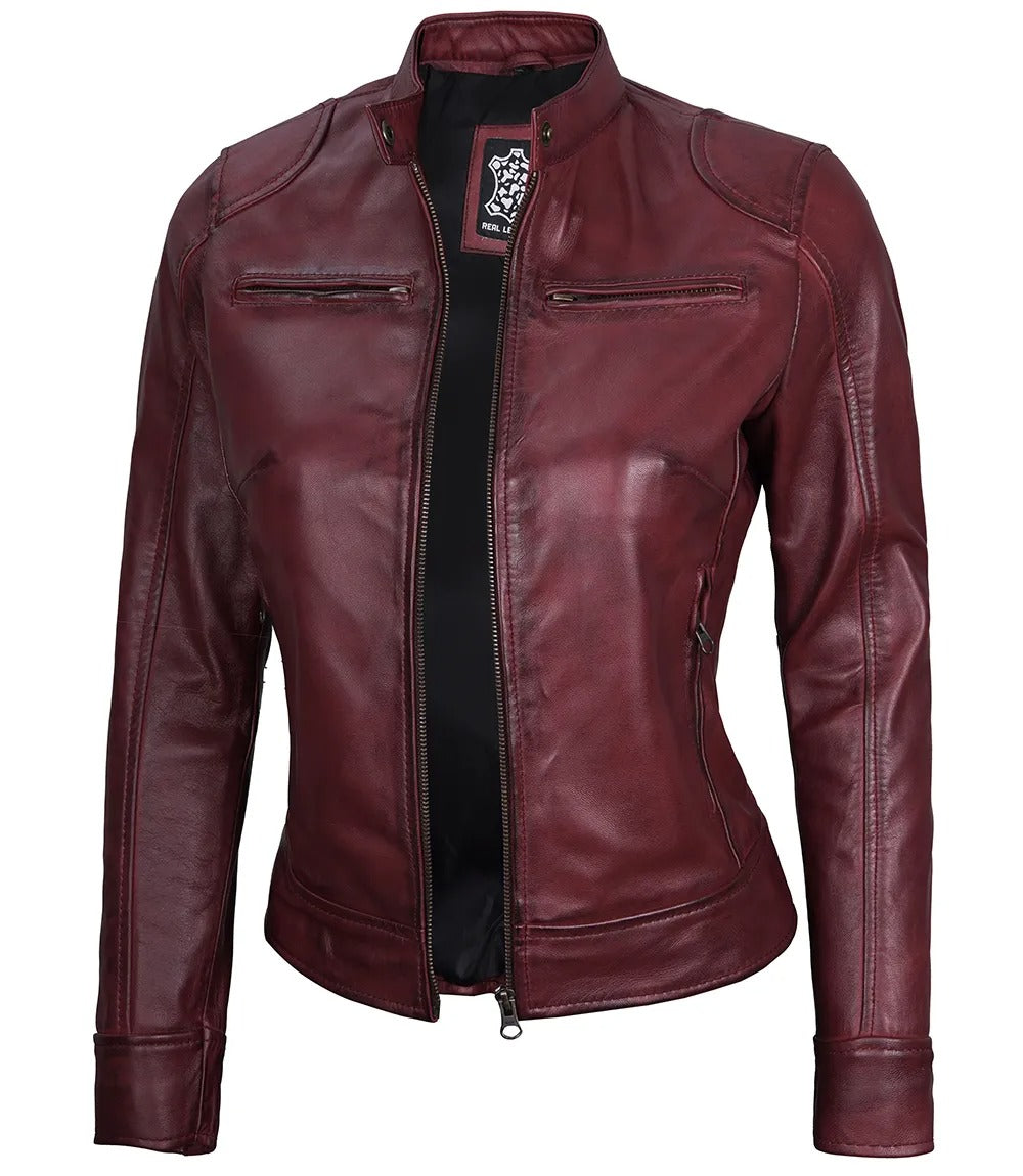 Womens Maroon Real Leather Moto Jacket