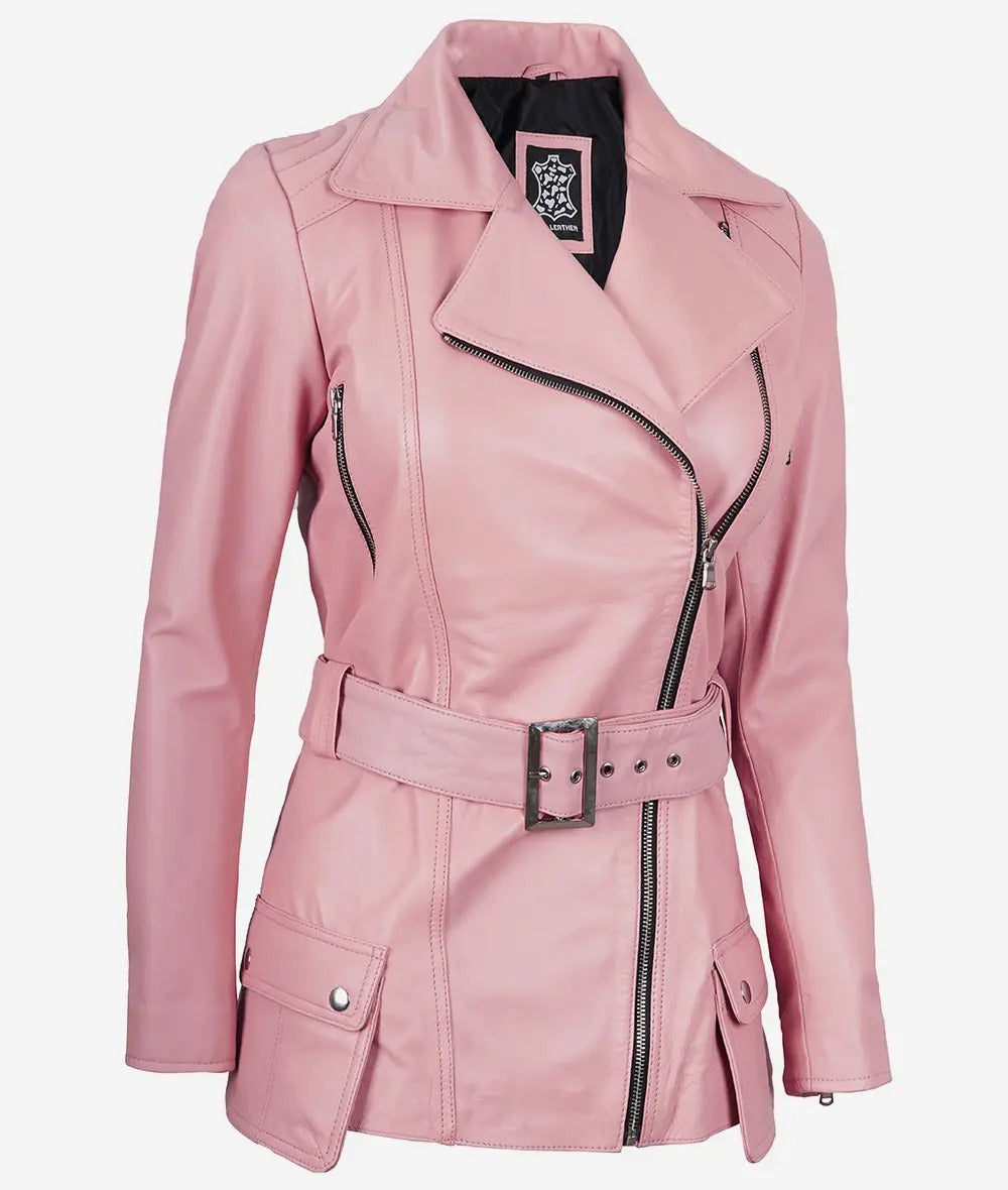 Womens Pink Belted Moto Leather Jacket