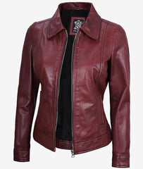 Womens Shirt Collar Maroon Leather Jacket